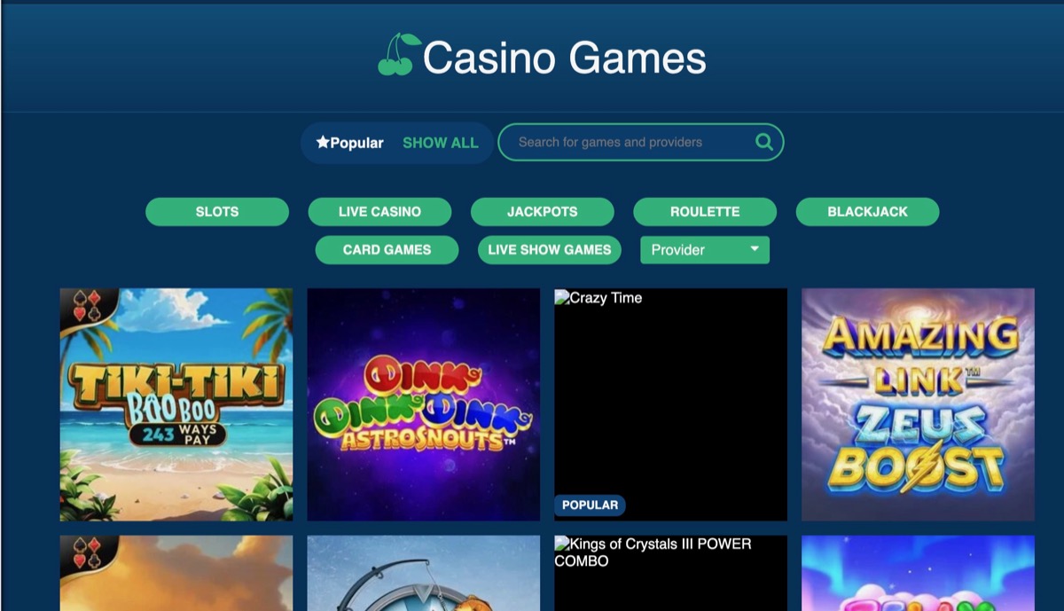 Turbonino casino games lobby with category pills for Slots, Live Casino, Jackpots, Roulette, Blackjack, Card Games, and Live Show Games