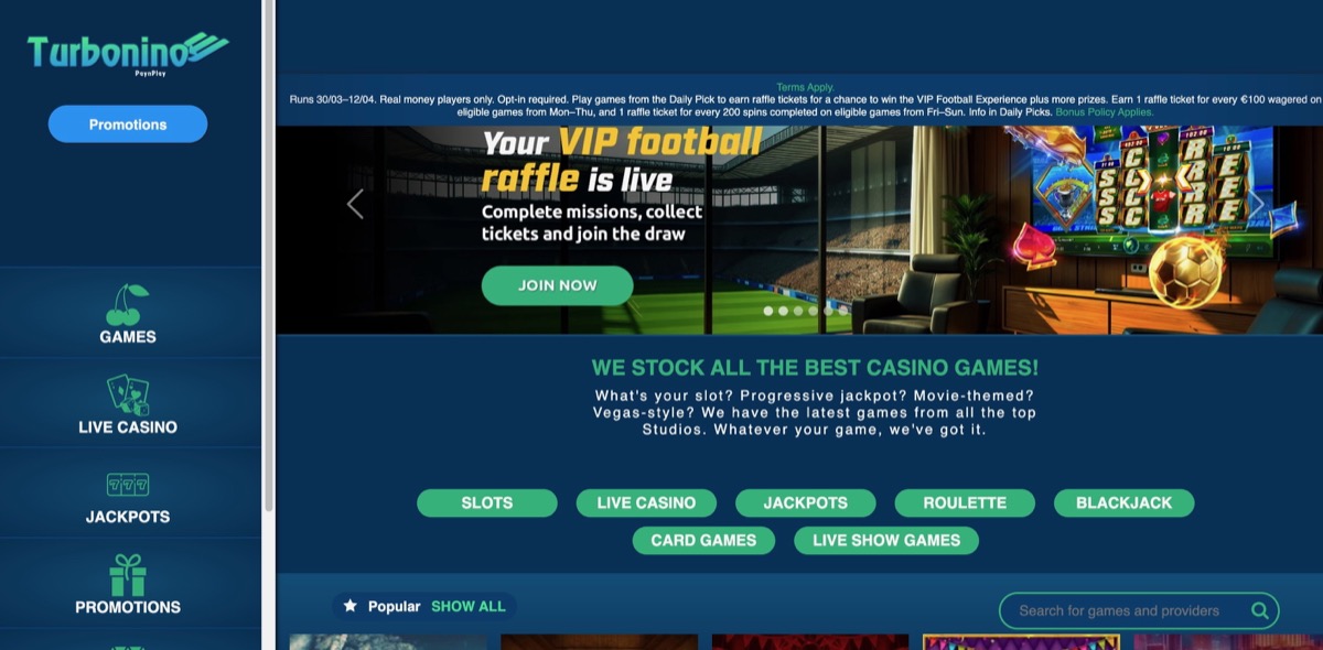 Turbonino homepage showing VIP football raffle promotion, game category navigation, and search bar for games and providers
