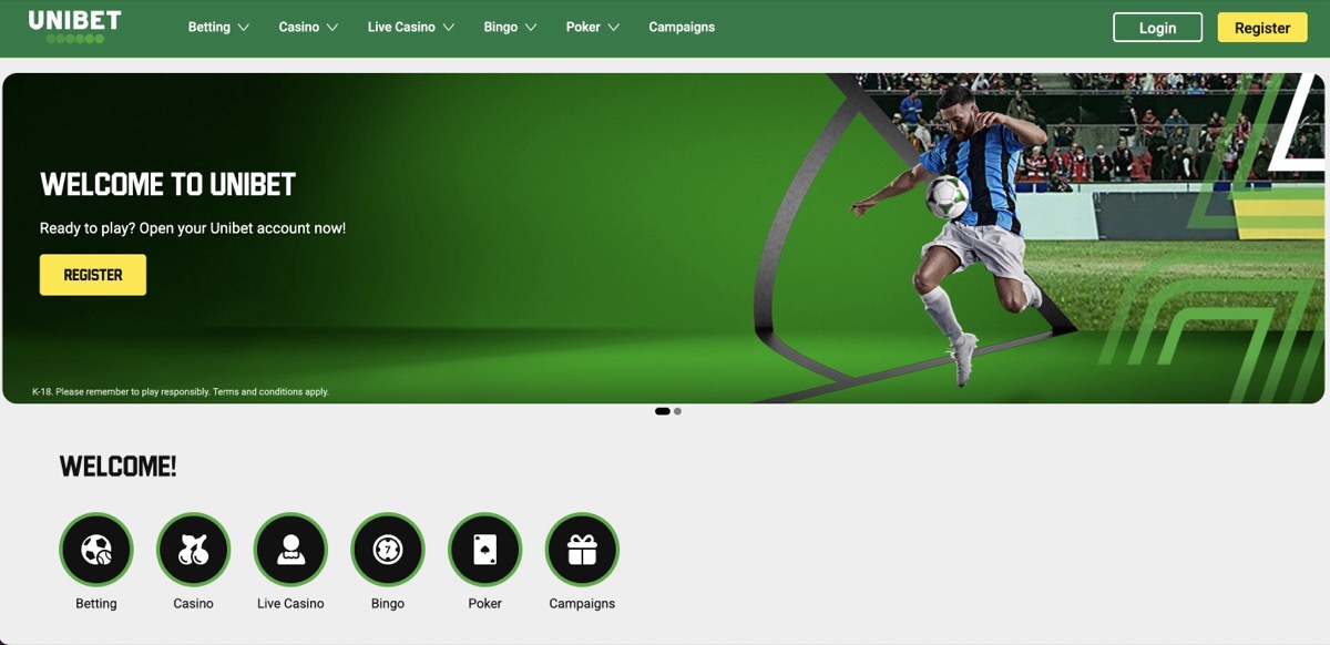 Unibet homepage with sports and casino navigation