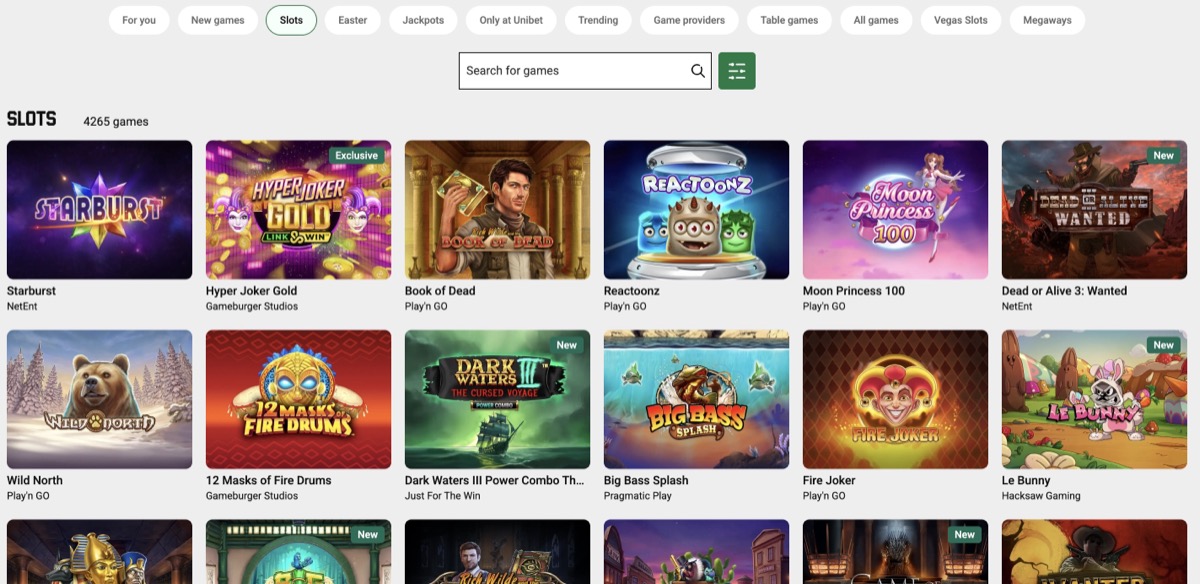 Unibet slots library showing 4,265 games with category filters