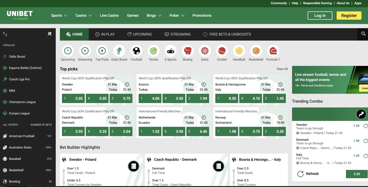 Unibet sportsbook with live World Cup qualifier odds