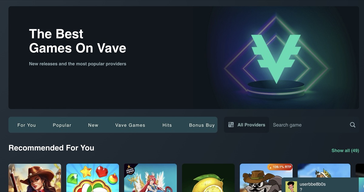 Vave game library showing provider filters and RTP badges on slot thumbnails