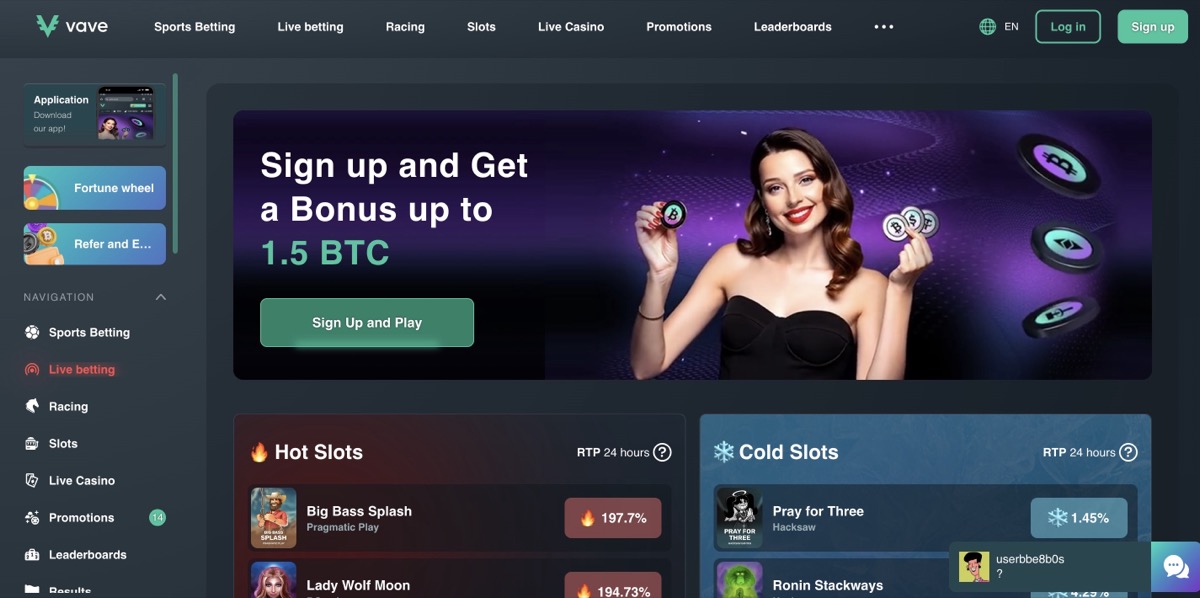 Vave homepage showing the welcome bonus and game categories