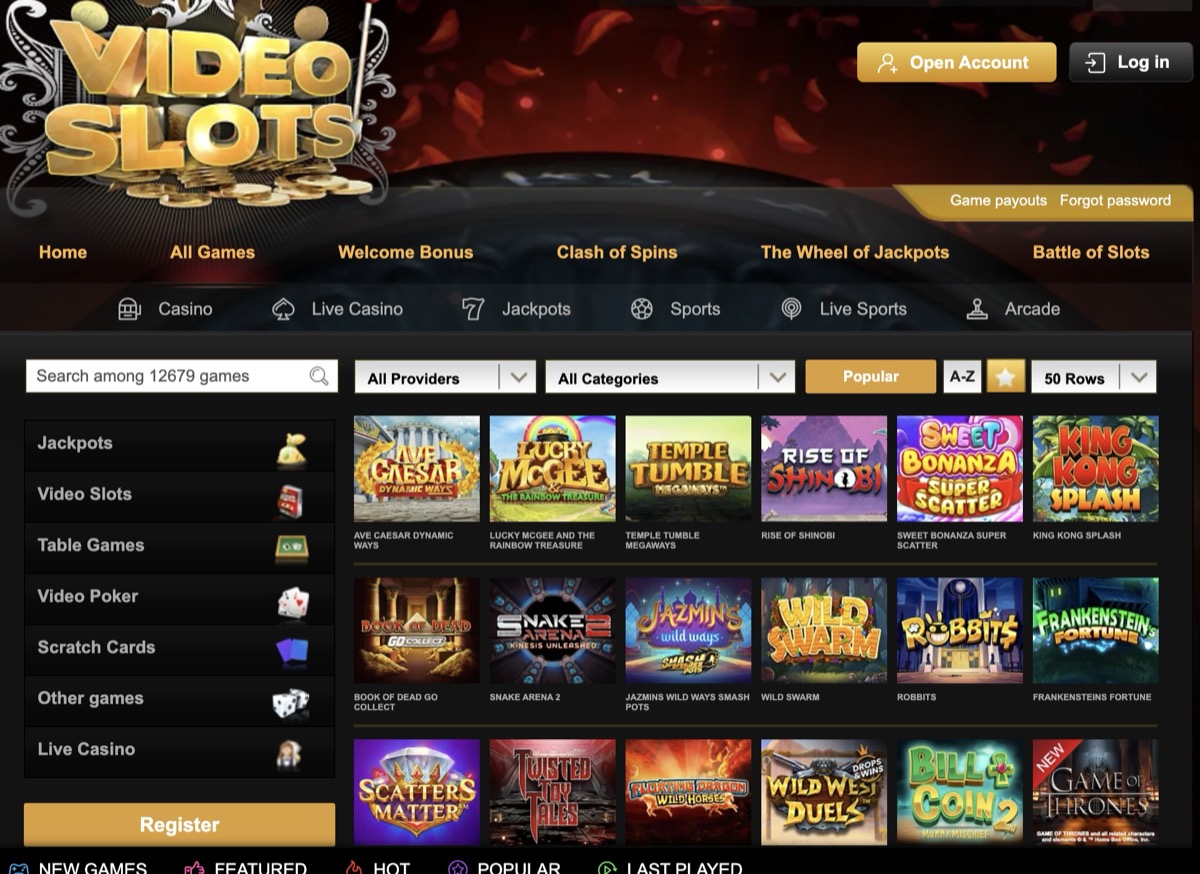 Videoslots game library showing 12,679 games with provider and category filters