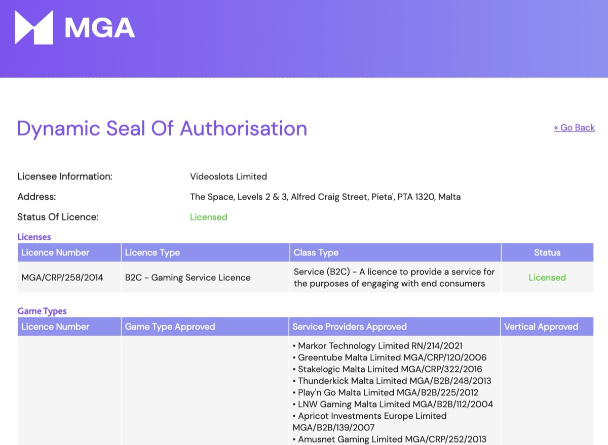 Videoslots MGA Dynamic Seal of Authorisation — license MGA/CRP/258/2014
