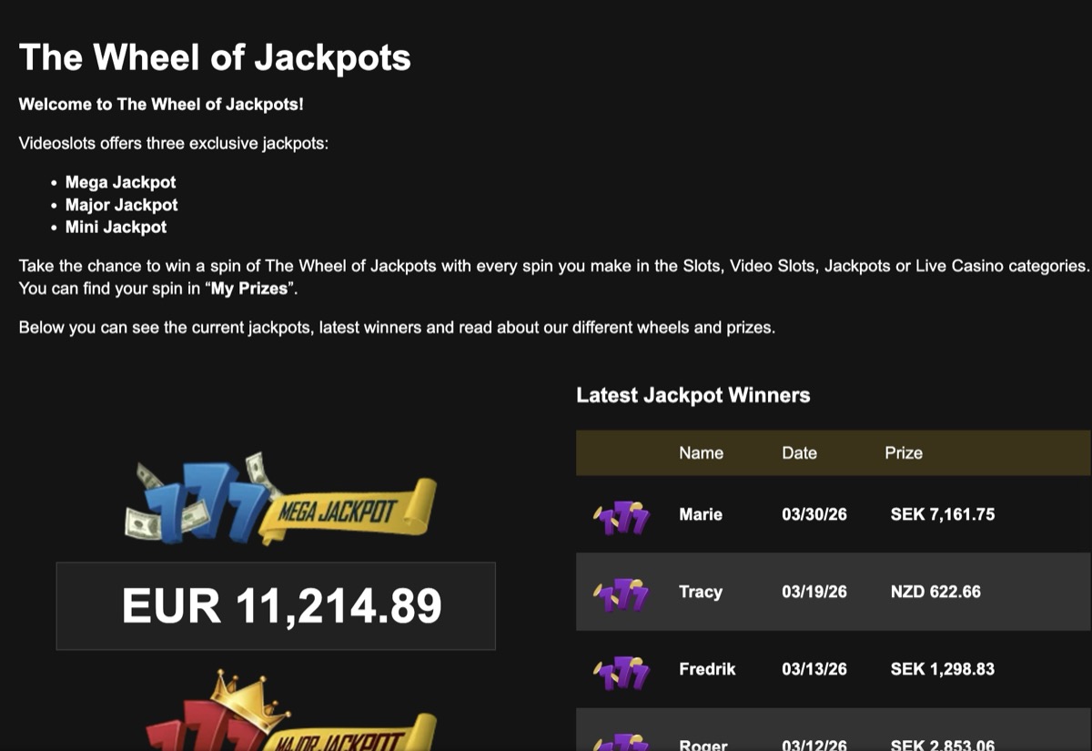 Videoslots Wheel of Jackpots feature with EUR 11,214 progressive pool