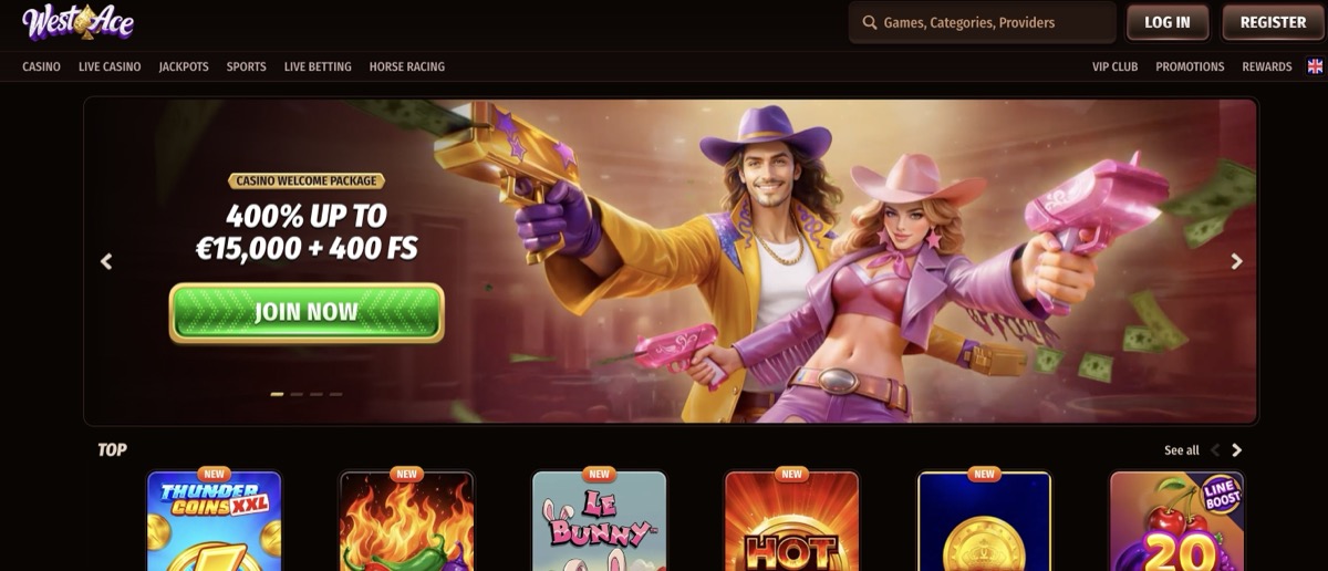 WestAce homepage showing welcome bonus banner and game categories