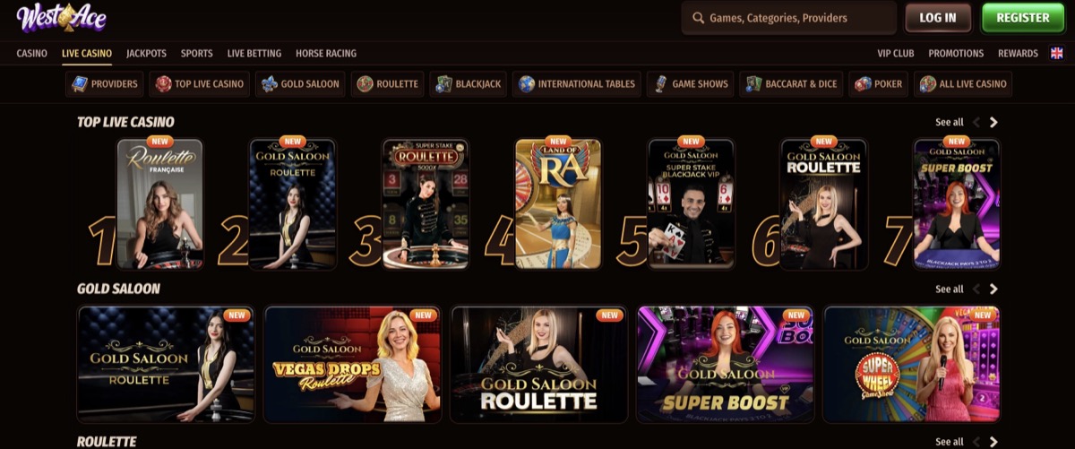WestAce live casino section with Gold Saloon branded tables