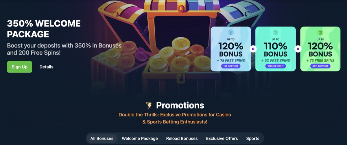 Wild.io bonus page showing the 350% welcome package and deposit tiers