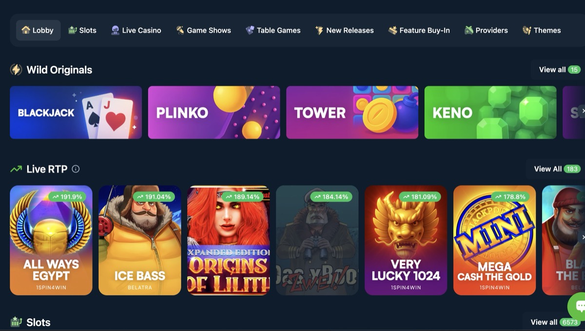 Wild.io game library showing provider filters, slot categories, and Live RTP tracker