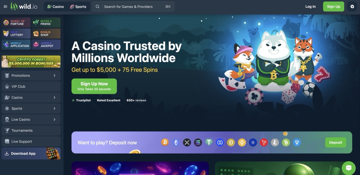 Wild.io homepage showing the welcome bonus and game categories
