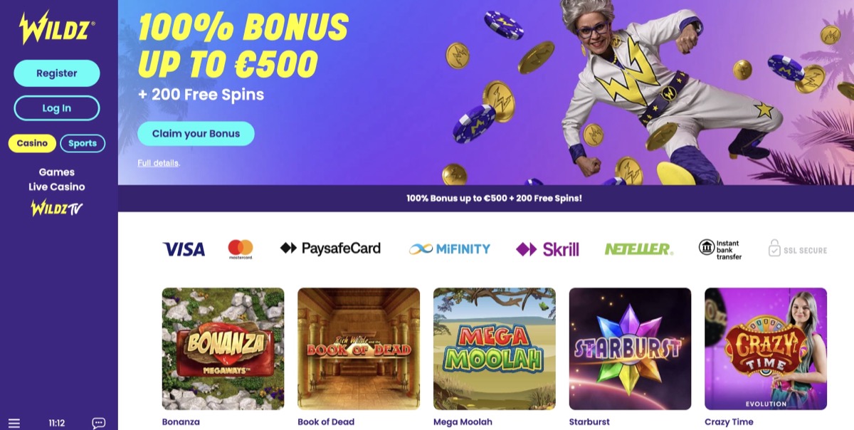 Wildz Casino homepage with 100% bonus up to 500 euro plus 200 free spins and payment method logos