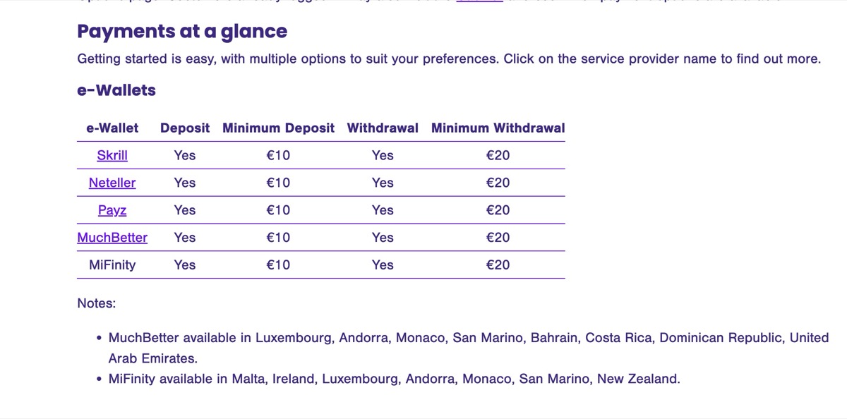 Wildz payment options showing e-wallet details for Skrill, Neteller, Payz, MuchBetter, and MiFinity with 10 euro minimum deposit