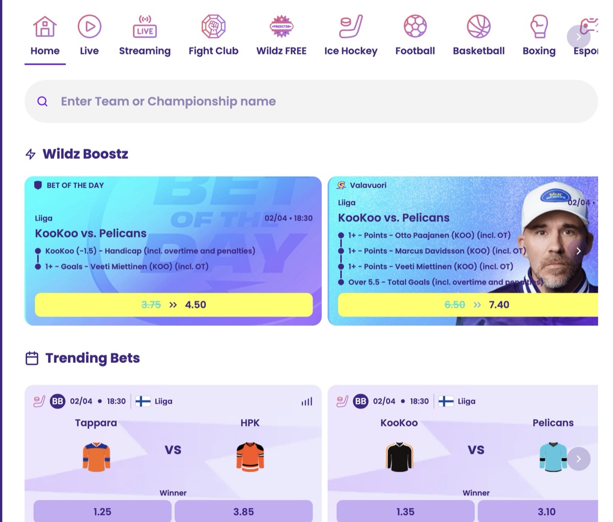 Wildz Sports section with Wildz Boostz promotions and Finnish hockey betting markets