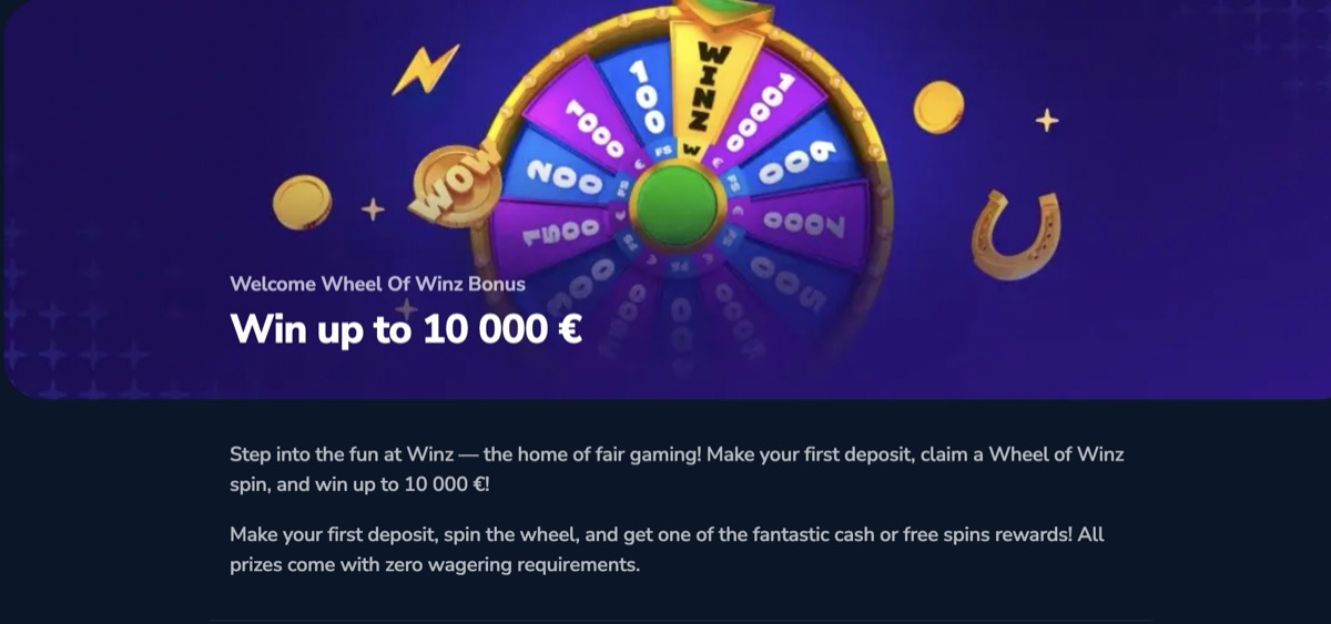 Wheel of Winz welcome bonus details offering up to 10,000 euro with zero wagering requirements