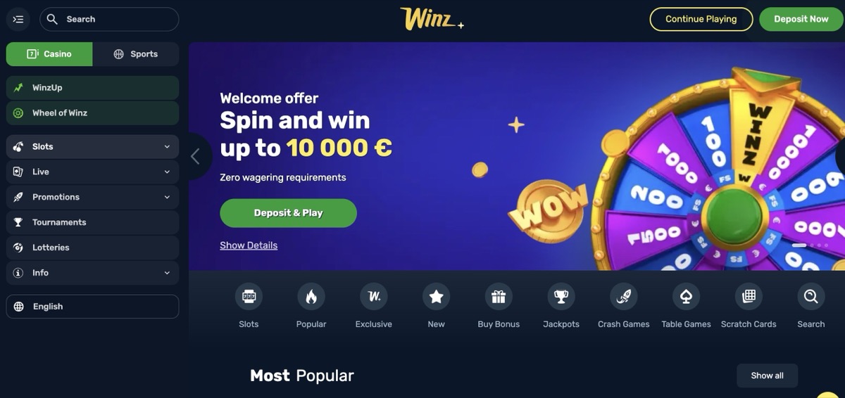 Winz.io casino homepage with Spin and Win welcome offer up to 10,000 euro at zero wagering requirements
