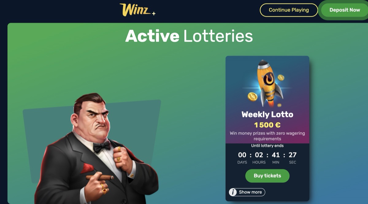 Winz.io Active Lotteries page featuring Weekly Lotto with 1,500 euro prize pool and zero wagering