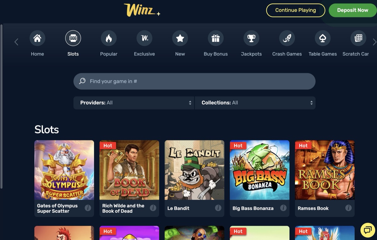 Winz.io slots page with provider and collection filters showing Gates of Olympus, Book of Dead, and Big Bass Bonanza